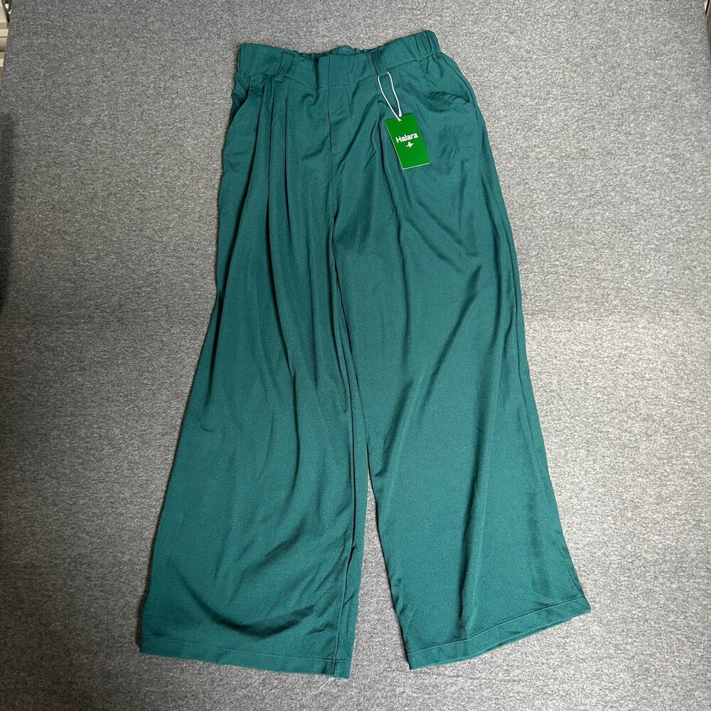 halara NWT wide leg pants green M flowy comfy micro waffle knit pockets